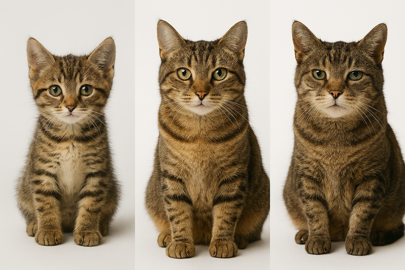 Three cats representing different life stages - kitten, adult, and senior cat - showing spaying is possible at various ages
