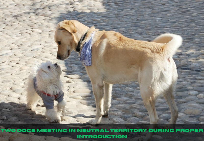 Two dogs meeting in neutral territory during proper introduction