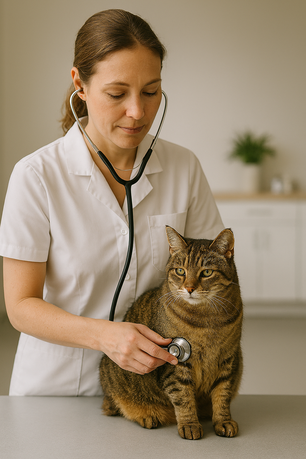 Veterinarian performing pre-surgical health check on mature female cat
